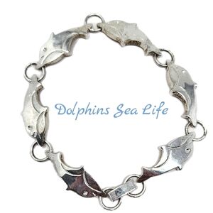 Dolphins Sea Life Love Sterling 925 Silver Wrist Linked Bracelet 7.5 Inches